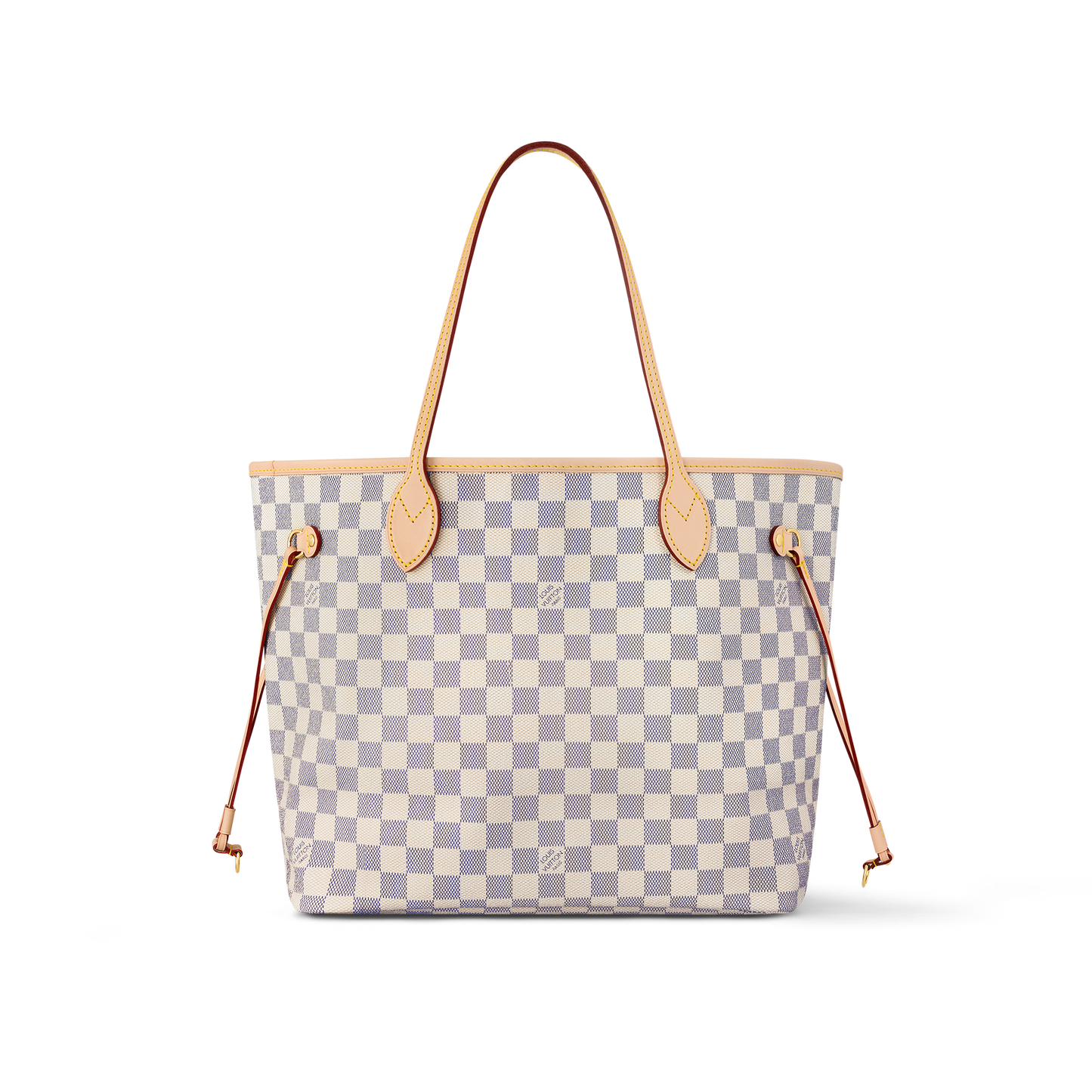 Checkered tote bag with brown handles and straps on a white background