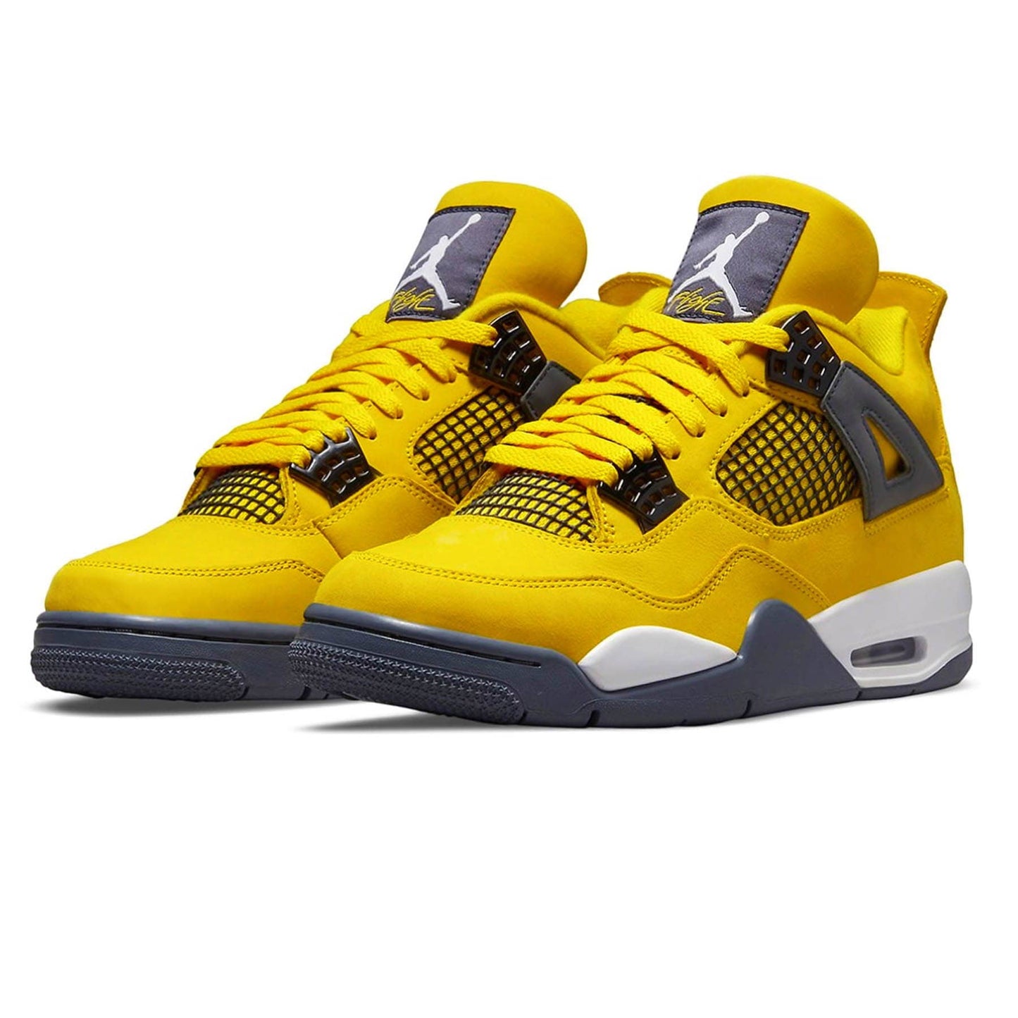 Yellow sneakers with black and gray accents on a white background