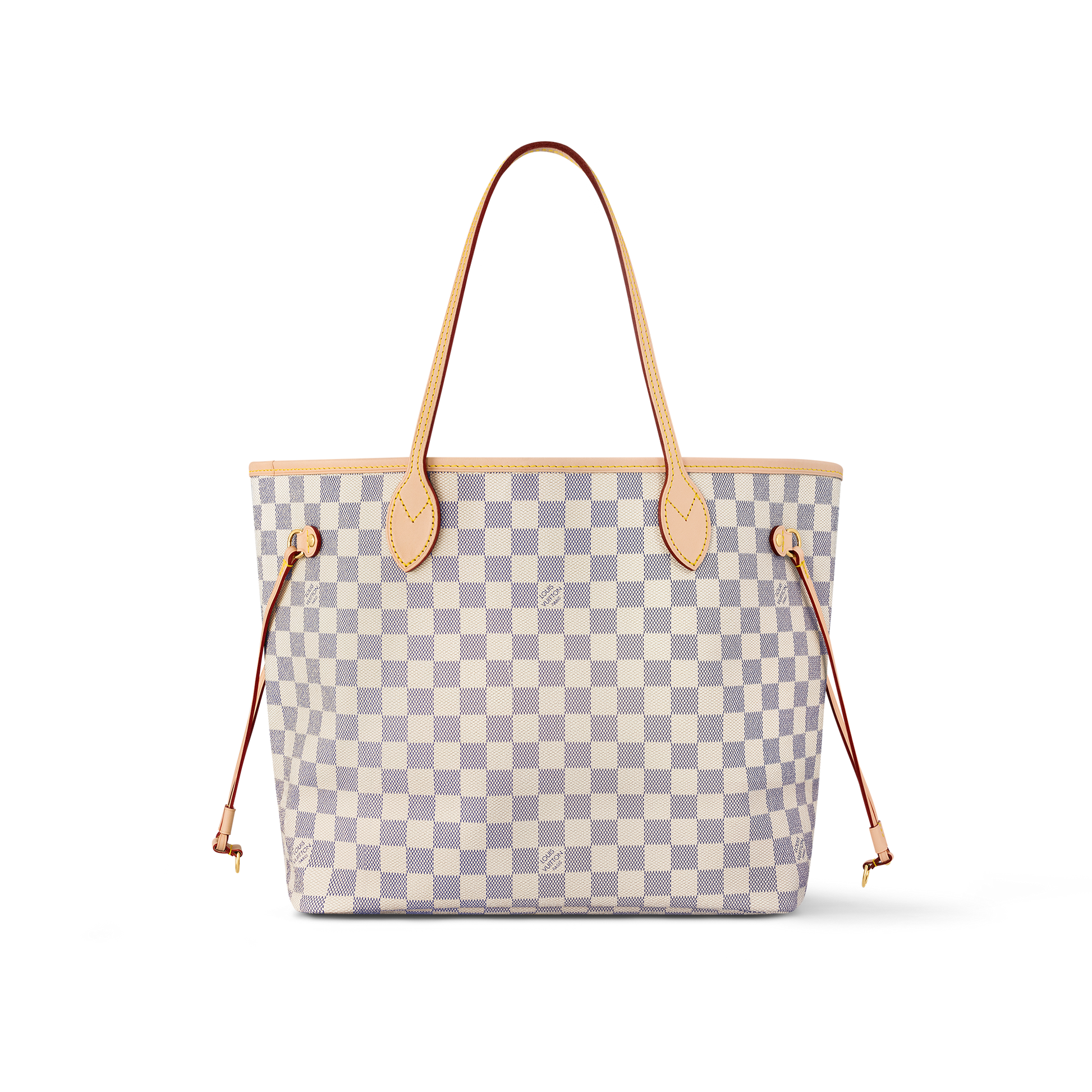 Checkered tote bag with brown handles and straps on a white background