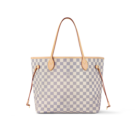 Checkered tote bag with brown handles and straps on a white background